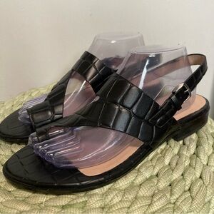 Naturalizer 27 EDIT Eris Black Leather Croc Toe Loop Slingback Flat Sandals WIDE